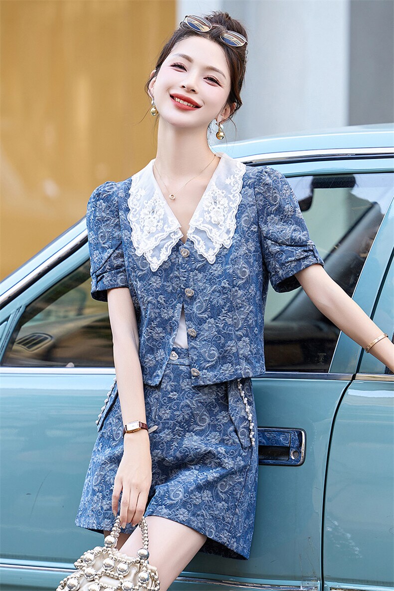 牛仔短裤套装女2024夏季新款高端法式气质名媛小香风设计感两件套,女装套装/套裙,伊仟回