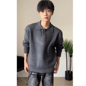 重磅秋冬北极绒亨利领毛衣开衫美式复古休闲慵懒风纯色翻领针织衫图片