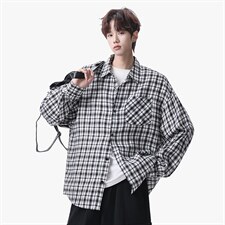 衬衫男春季新款港风宽松大码磨毛格子长袖衬衣CS510-P38，男装衬衫，星座214-3