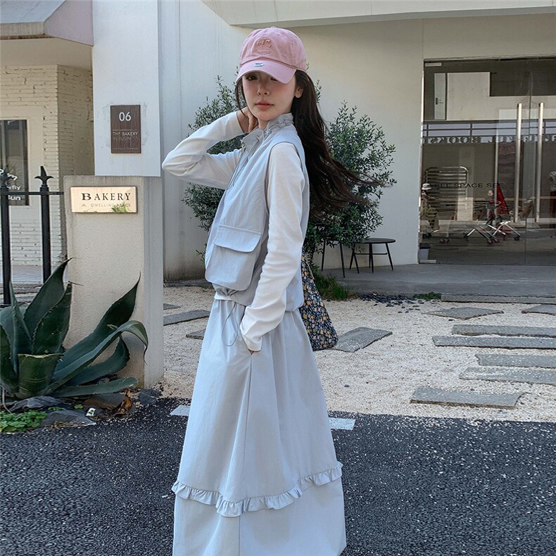 蓝色韩系学院风套装裙女春季2025新款减龄打底衣马甲半身裙三件套,女装套装/套裙,诺蝶
