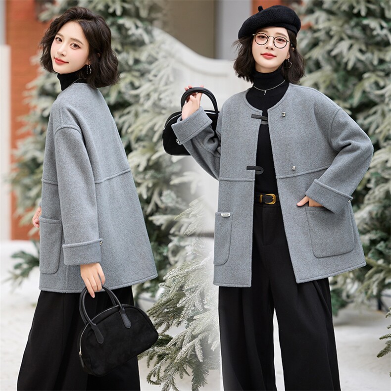 2024新款双面羊绒大衣中长款保暖手工缝制羊毛圆领大衣外套,女装双面呢大衣,冬木谷雨