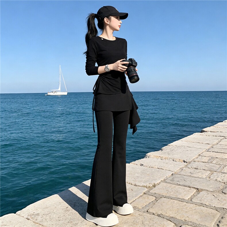 设计感时尚套装女春季新款收腰显瘦圆领长袖假两件修身长裤两件套，女装套装/套裙，江南