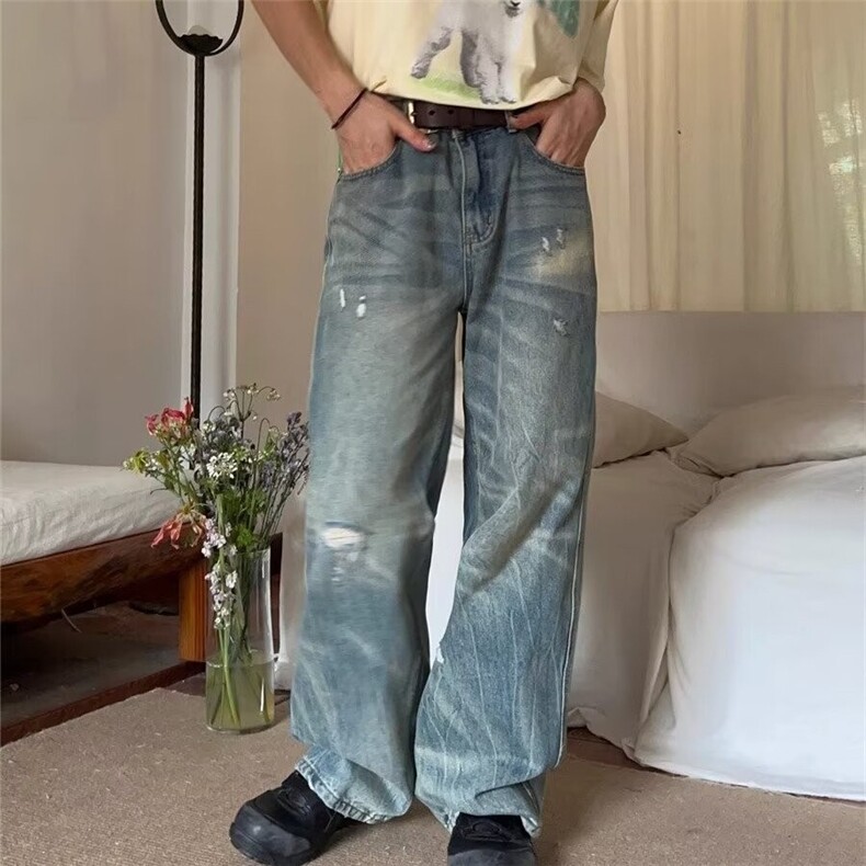 水洗做旧牛仔裤男秋季美式直筒拖地长裤炸街痞帅裤子NZ0057,男装牛仔裤,星座516A