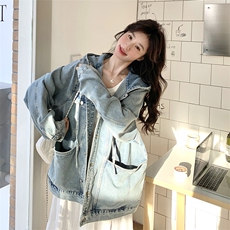 复古美式连帽牛仔工装短外套女春秋超火好看高级小众宽松夹克上衣，女装短外套，2C037