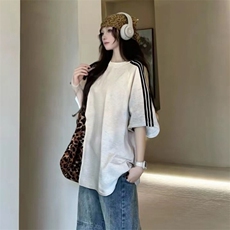 抖音得物品质二开240克宽松纯棉美式潮牌印花三条杠中性风短袖T恤，男装T恤，电商A486-1