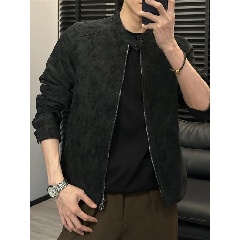 抖音网图现货秋季立领pu皮衣外套男复古修身皮夹克JK32P135,男装皮衣,电商B276A
