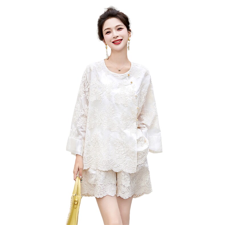 2025年夏季新款女装时尚潮流新中式蕾丝刺绣两件套,女装套装/套裙,关键词