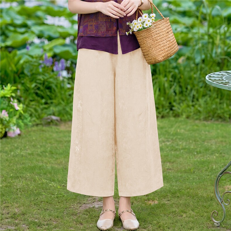 现货提花休闲裤女中年2026夏新中式款松紧腰宽松大码显瘦阔腿裤子,女装休闲裤,璐依舞
