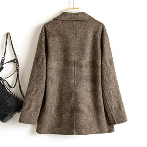 现货精品通勤品牌外贸咖啡色欧美风秋冬新款双面羊毛格子西装外套图片