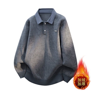 W25268-P60秋冬款翻领针织毛衣男潮牌加绒加厚卫衣外套时尚打底衫图片