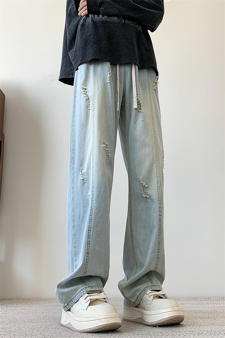 S-3XL夏季薄款冰丝裤直筒宽松破洞牛仔裤310A-2BK312p55控78,男装牛仔裤,星座310A-2