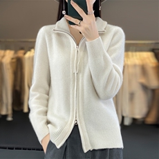 休闲简约淑女百搭长袖气质修身v领拉链羊毛衫女外穿，女装羊毛衫，暖娇绒