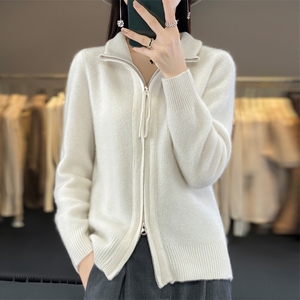休闲简约淑女百搭长袖气质修身v领拉链羊毛衫女外穿图片