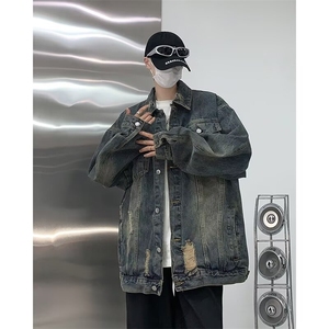 欧美vibe风破洞工装牛仔外套男春季美式复古翻领夹克港风潮流上衣图片