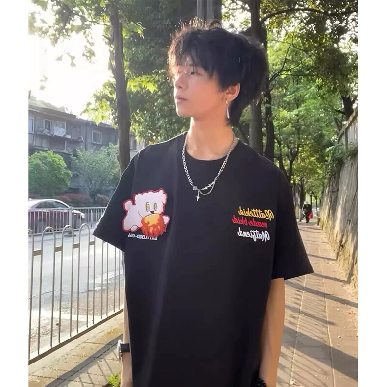 万针全刺绣工艺抖音得物高品质260克重磅纯棉双纱美式高街短袖T恤,男装T恤,电商A486