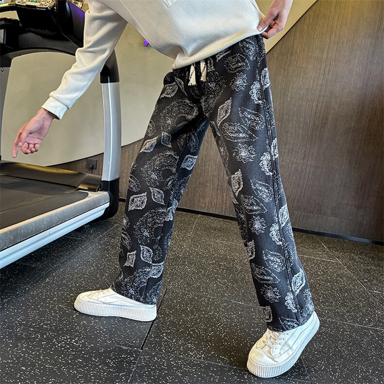 秋冬加绒牛仔裤男士个性树叶印花直筒牛仔弯刀裤潮901N50加绒P68,男装牛仔裤,星座901
