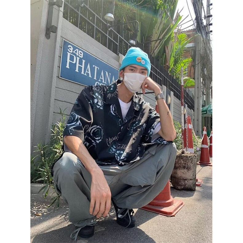 夏季情侣款玫瑰花满印短袖衬衫男美式宽松半袖衬衫S2236P30,男装衬衫,星座1116-2