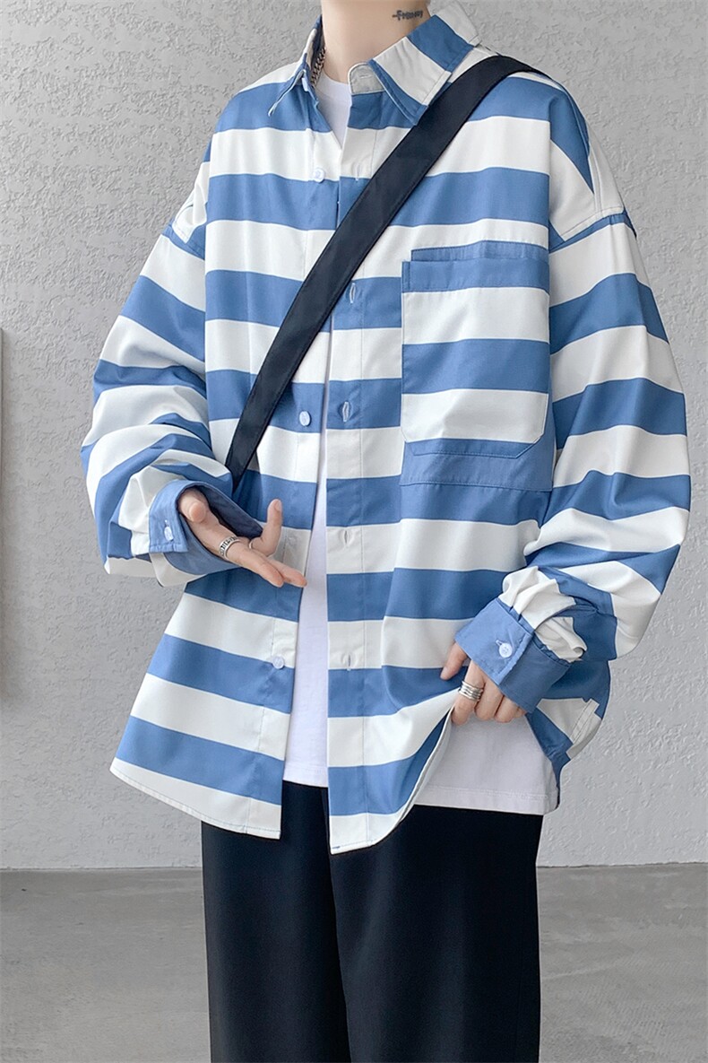 衬衫男秋季新款港风宽松条纹长袖衬衣CS028-P45,男装衬衫,星座214-3
