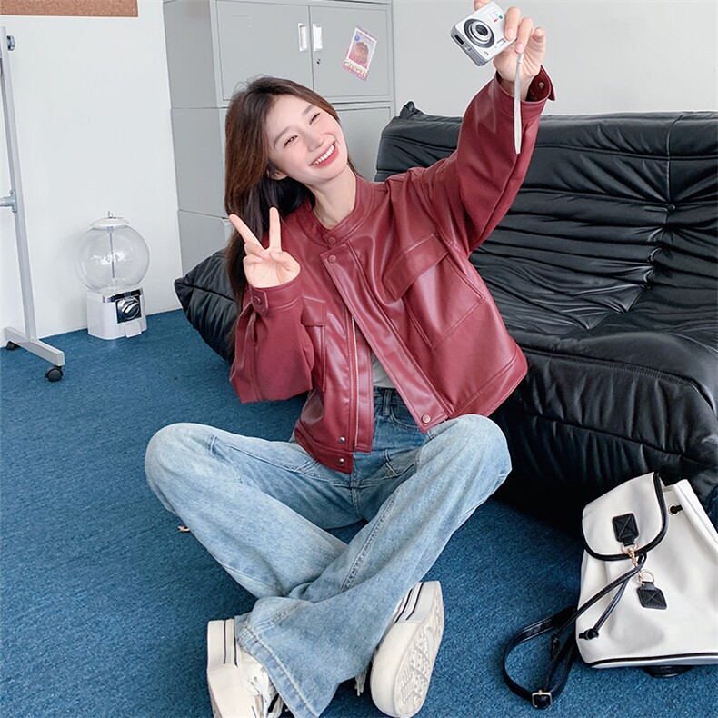 【现货】2026秋装短款安可拉红皮衣外套2C056-6813-P135控188,女装皮衣,2C056