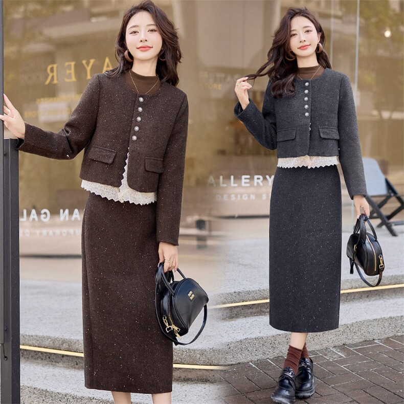 2024新款冬软糯小香羽绒服拼接蕾丝花边白鸭绒套装裙,女装套装/套裙,韩蜜菓