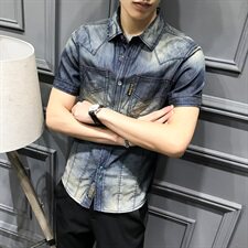 19春夏季欧美潮流复古式翻领牛仔衬衣品质短袖衬衫DX0127P85，男装衬衫，钱塘730-1