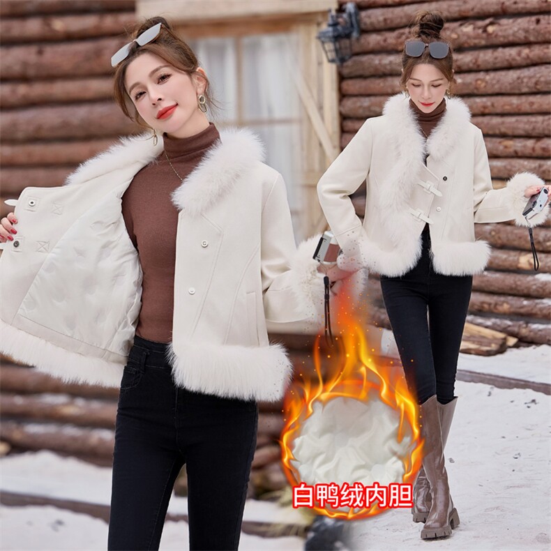 【bao款现货】2025新款冬装麂皮绒拼接狐狸毛羽绒服白鸭绒皮草,女装皮草,雅静靓衣