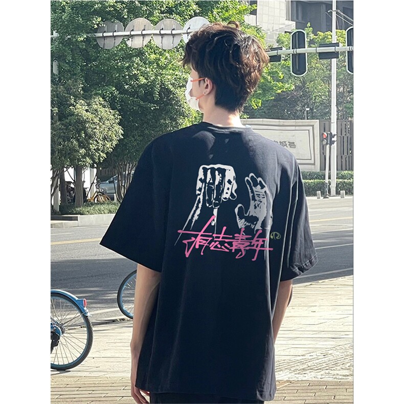 抖音得物供货210克现货宽松纯棉美式潮牌印花落肩袖纯棉T恤AT2168图片