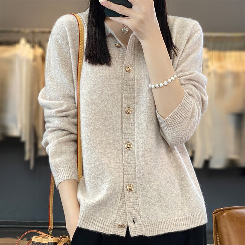 翻领polo针织开衫女2024秋新款纯色羊毛衫长袖短款外套,女装羊毛衫,越洋羊