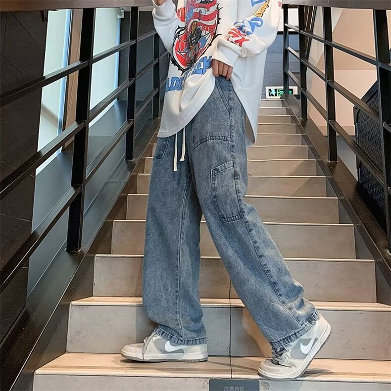 美式复古纯黑色抽绳牛仔裤男款松紧腰裤子潮牌宽松大码直筒工装裤,男装牛仔裤,星座1210-1