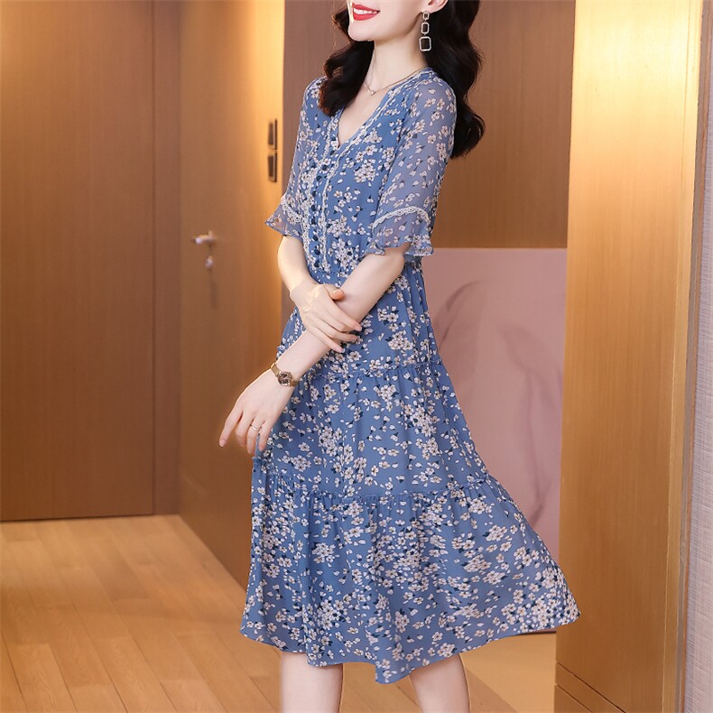碎花纺真丝连衣裙女2021年新款设计感小众显瘦气质韩版长裙,女装连衣裙,潮品会