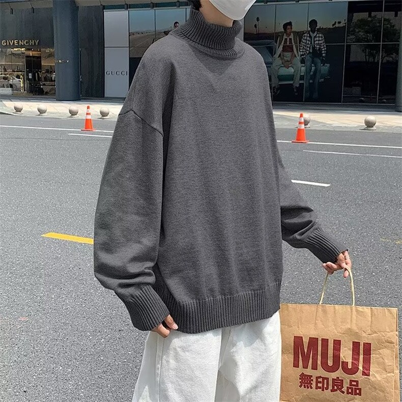 套头休闲长袖纯色可翻高领宽松型男针织衫冬季大码GM60P30图片