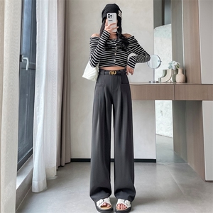 西装阔腿女2024春季宽松休闲高腰显瘦直筒裤垂坠感拖地图片