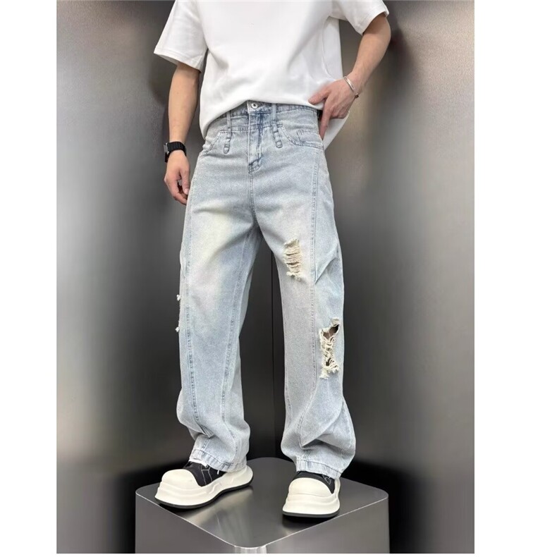 6632-P50春夏新款浅蓝色破洞刮烂牛仔裤男宽松直筒阔腿裤,男装牛仔裤,电商B323A