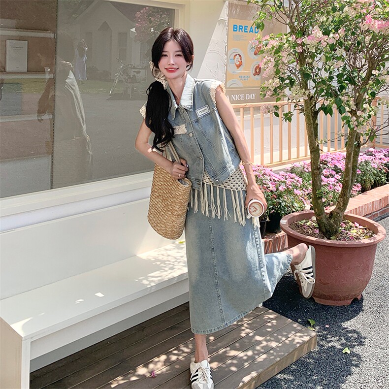 花边拼接牛仔马甲流苏半身裙套装女夏2025新款韩系减龄气质两件套,女装套装/套裙,2C126