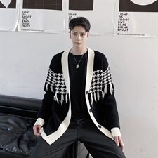 新款千鸟格针织开衫毛衣男时尚流苏百搭毛衫外套A452--MY24--P115，男装针织衫/毛衣，电商A452