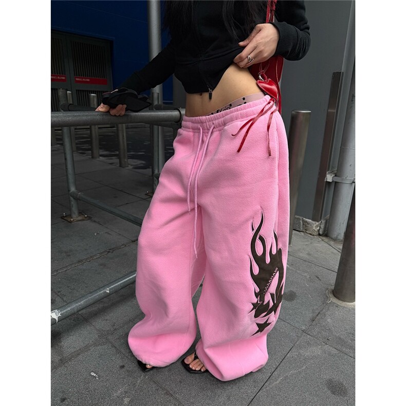 美式设计感火焰印花阔腿卫裤男女宽松休闲百搭长裤LB31477-P55,男装休闲裤,星座1008