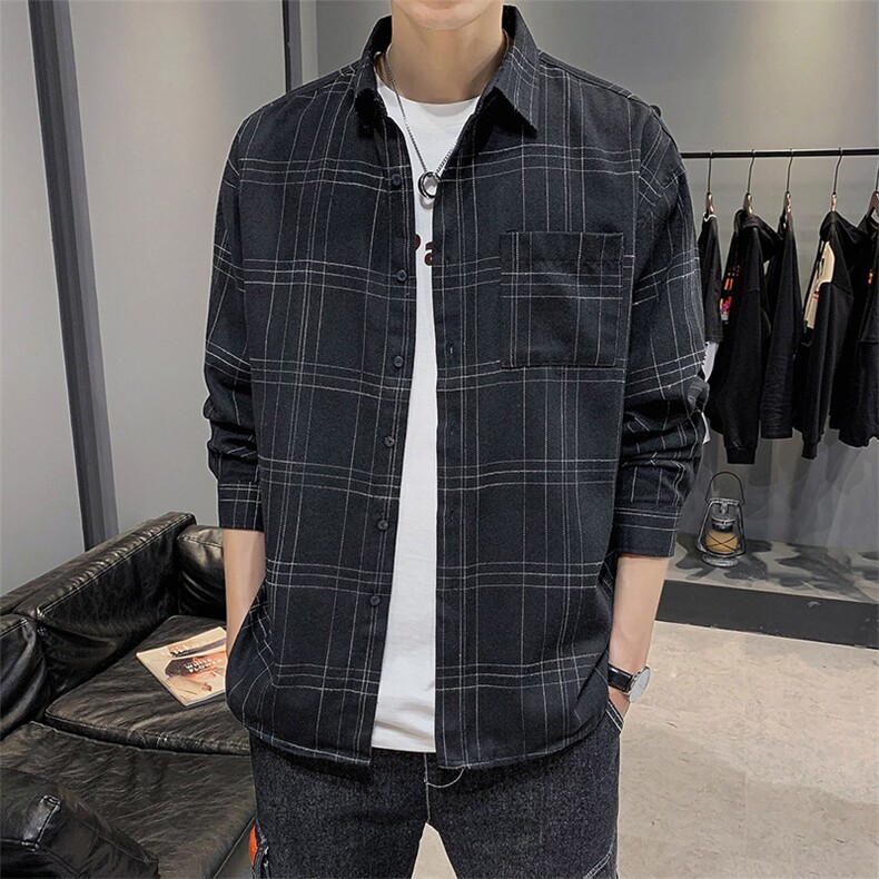 春新款男士格子衬衣港风潮流青少年格纹上衣DT，男装衬衫，电商A102