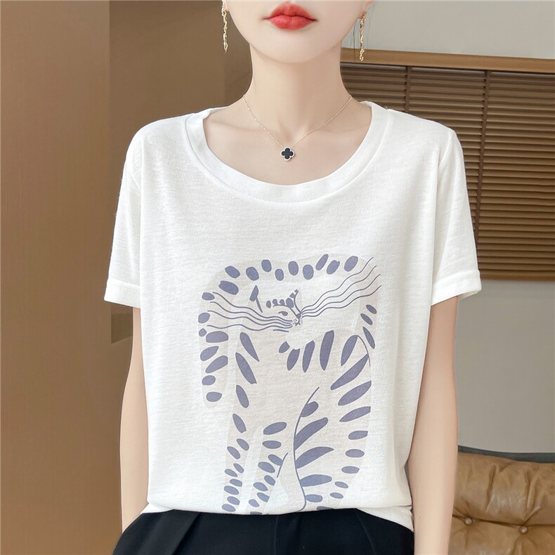 2025年夏季常规不连帽短袖宽松型通勤长尾猫印花休闲百搭，女装T恤，朝贺羊绒