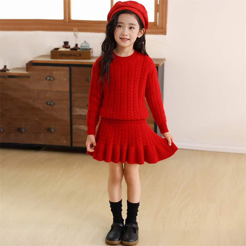 秋冬季新款舒适时尚百搭圆领加厚麻花连衣裙套装，童装休闲套装，伊绒腾羊绒