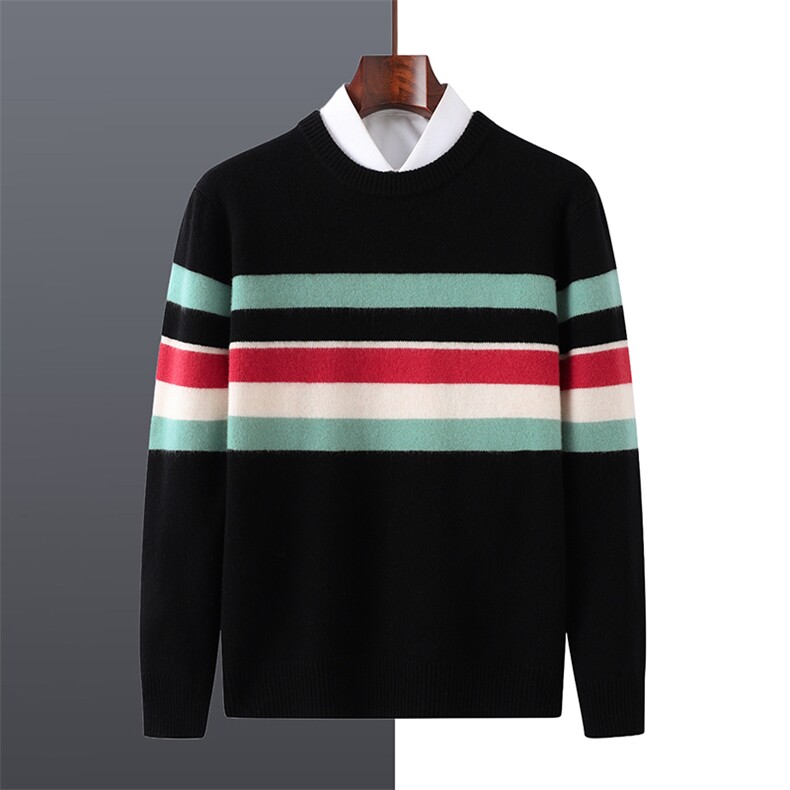 2025年秋季圆领长袖套头时尚都市条纹羊毛衫，男装羊毛衫，牧绒家园