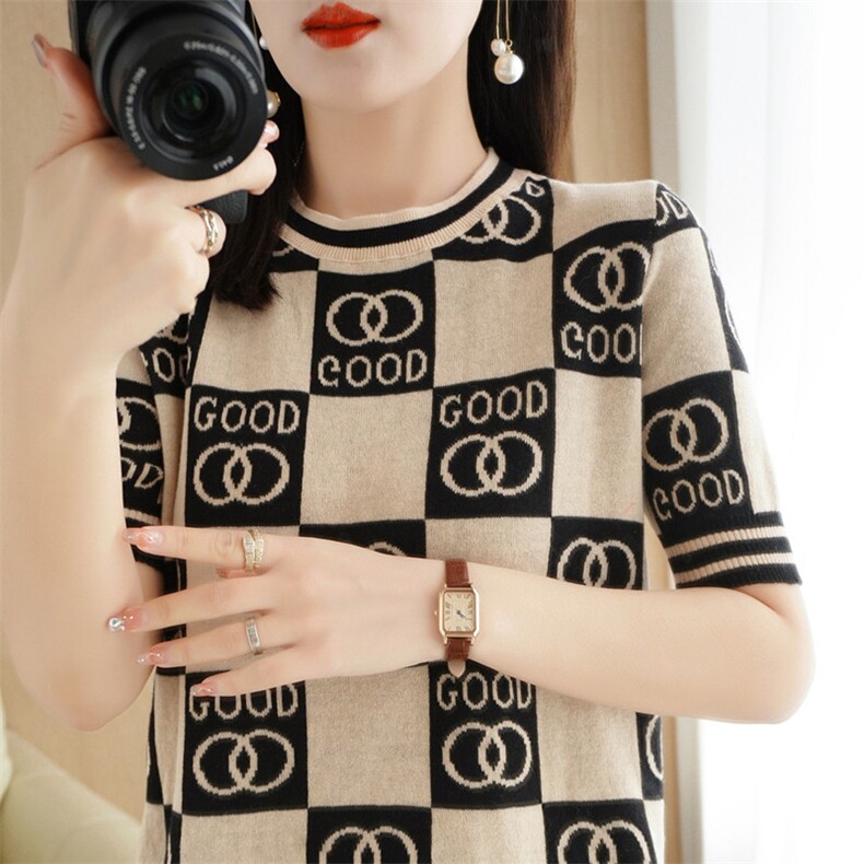 圆领字母短袖套头纯棉2025年夏季针织衫，女装针织衫/毛衣，斯美雅电商供货