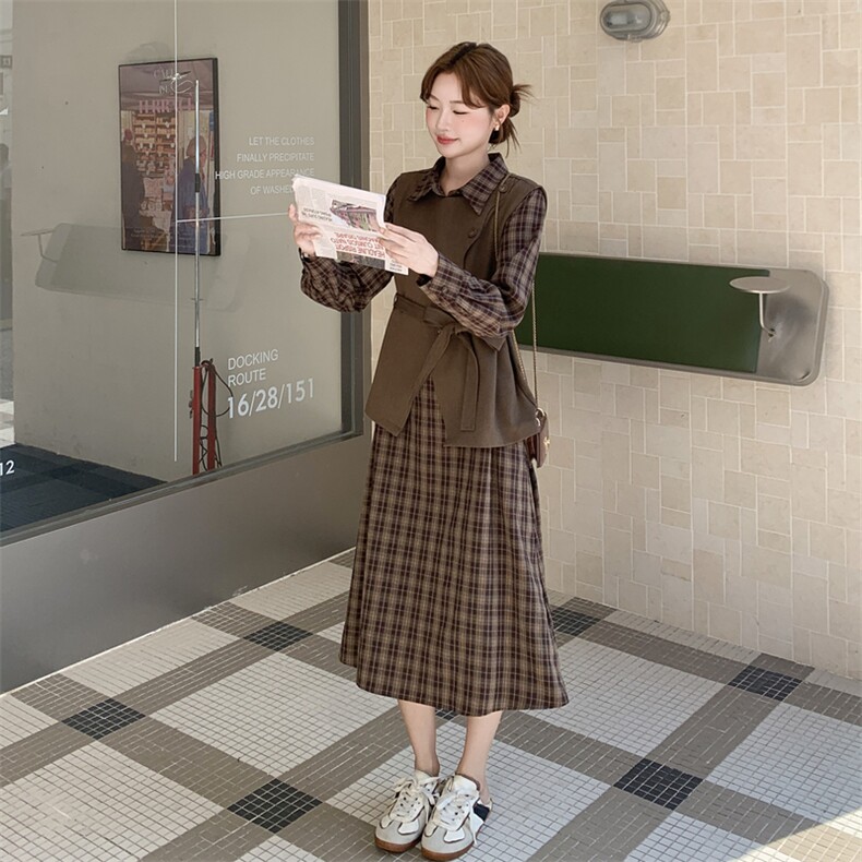 美拉德复古格子连衣裙套装女2025秋季新款气质显瘦马甲长裙两件套,女装套装/套裙,2C115
