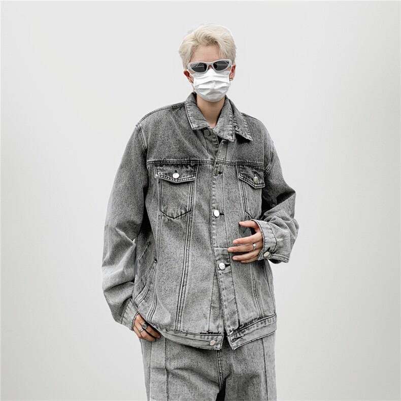烟灰拼接设计感牛仔外套男做旧水洗夹克两件套A068-KXST01-TP60,男装工装外套,电商A068