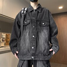 潮牌美式做旧水洗拼接牛仔外套男女复古宽松百搭夹克W016-P47网图，男装工装外套，电商B245