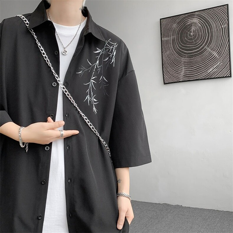 新中式风竹子短袖衬衫男夏季休闲唐装外套痞帅高级感衬衣服,男装T恤,星座1210-1