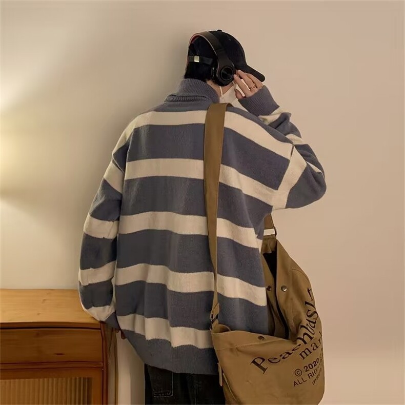 高领毛衣男冬款潮牌痞帅加厚条纹慵懒复古线衣外套M5566P50,男装针织衫/毛衣,星座1116-2