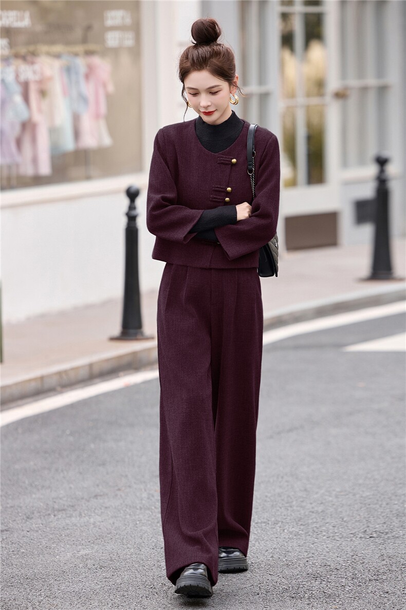 现货新中式毛呢套装女2025年冬季女装时尚气质外套阔腿裤两件套,女装套装/套裙,关键词