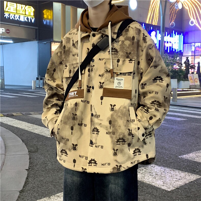2024春秋款拼接假两件连帽夹克男潮牌印花工装A436-D1202-P73,男装夹克,电商A436