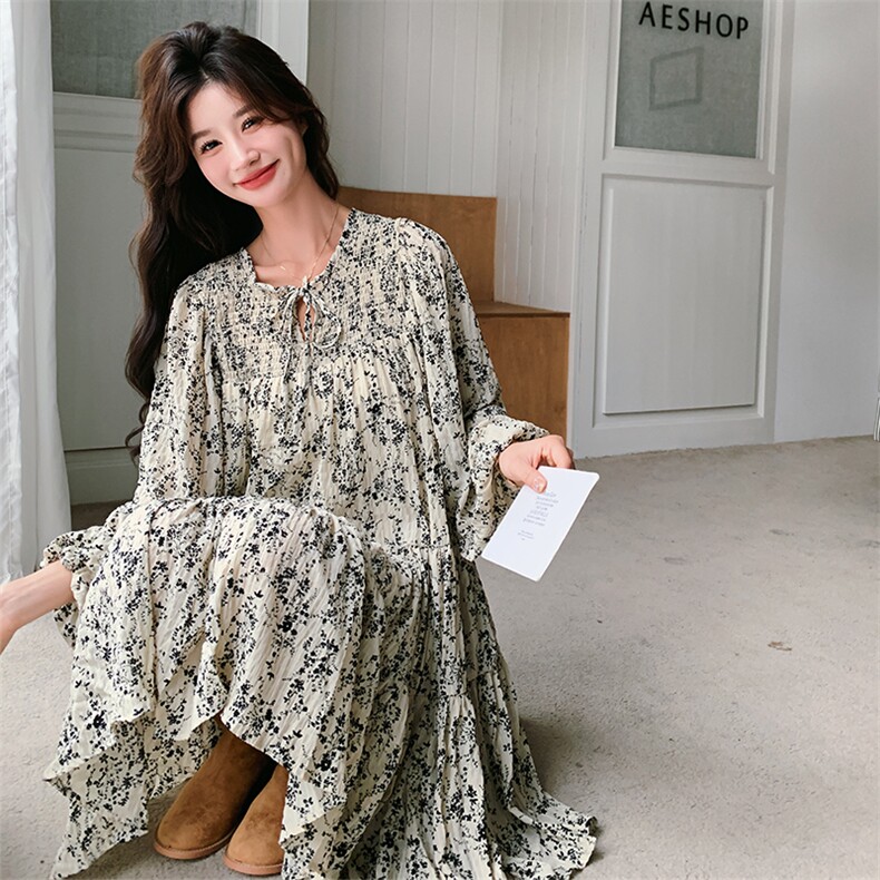 法式复古碎花连衣裙女2025春秋季新款韩系温柔风显瘦茶歇A字短裙,女装连衣裙,2C260
