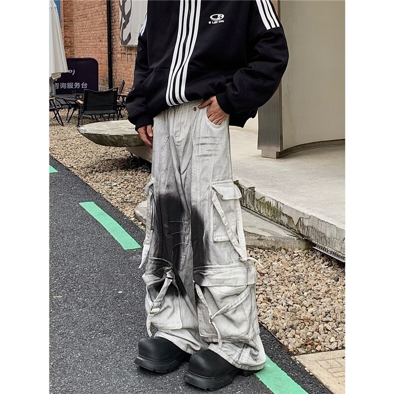 高街设计感喷墨飘带脏脏裤男美式复古vibe风大口袋阔腿牛仔裤男潮,男装牛仔裤,星座410-6（原星座1304-1）
